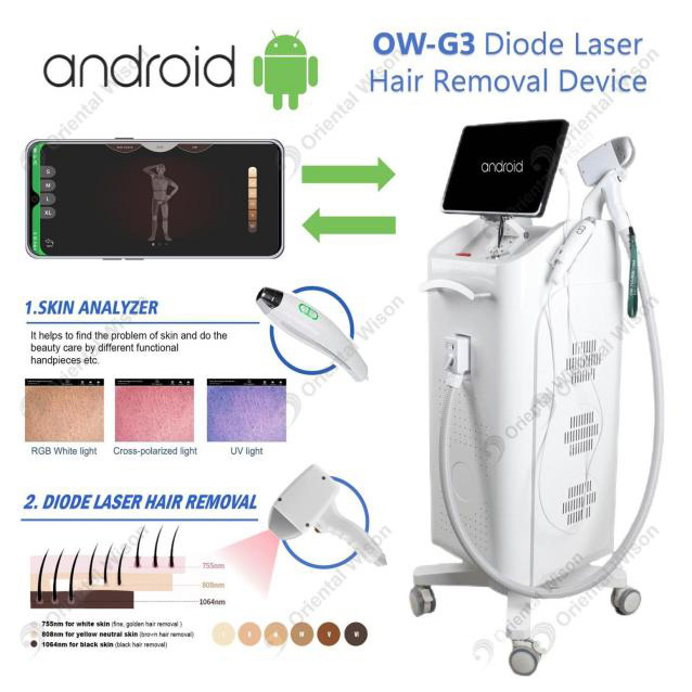 Android System Diode Laser Hair Remore Machine med hudanalysator